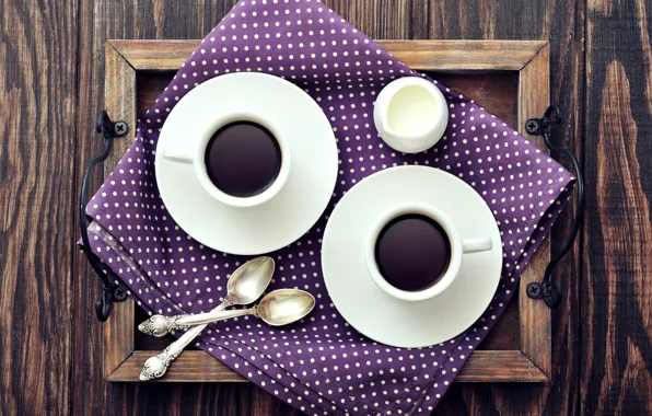 Picture coffee, milk, Cup, napkin, tray, saucers, spoon