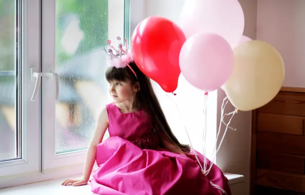 Balls, rain, child, crown, dress, window, girl, beautiful