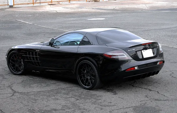 Picture asphalt, cracked, reflection, black, black, Mercedes Benz, rear view, SLR McLaren