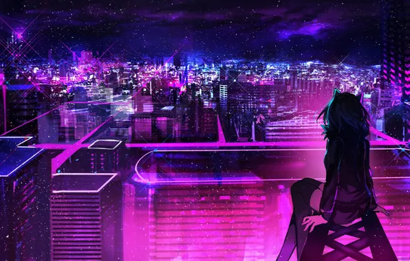 Roof, girl, night, the city, neon
