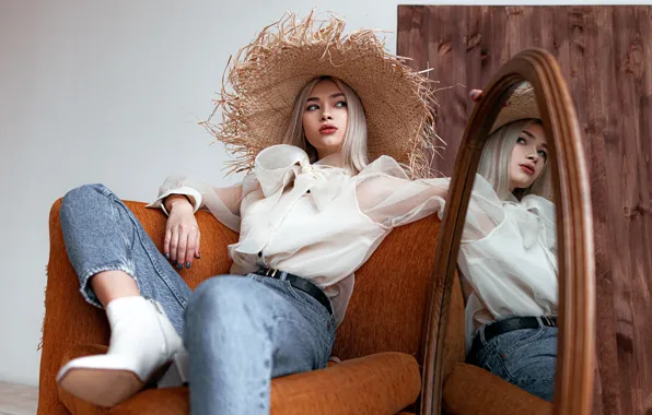 Picture girl, pose, reflection, jeans, hat, mirror, blouse, Mary Solomon