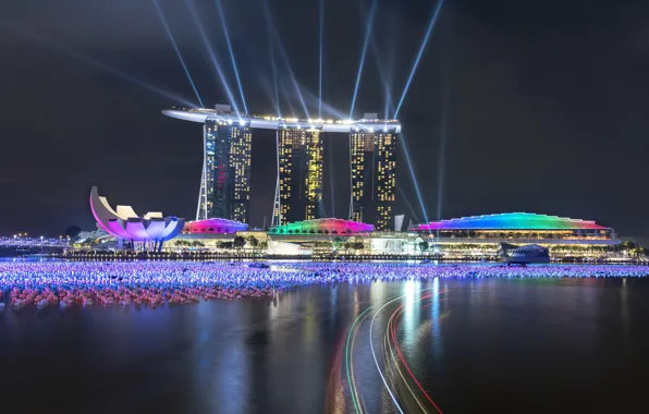 Lights, lights, skyscrapers, Singapore, architecture, megapolis, blue, night