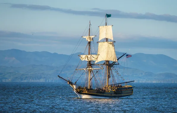 Forest, the sky, mountains, river, shore, ship, sails, USA