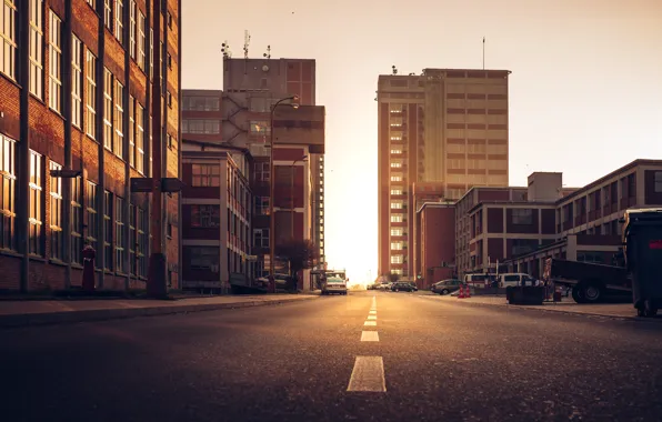 Cars, Street, Evening, Building, Sunshine, Sunlight, Houses, Sun Goes Down