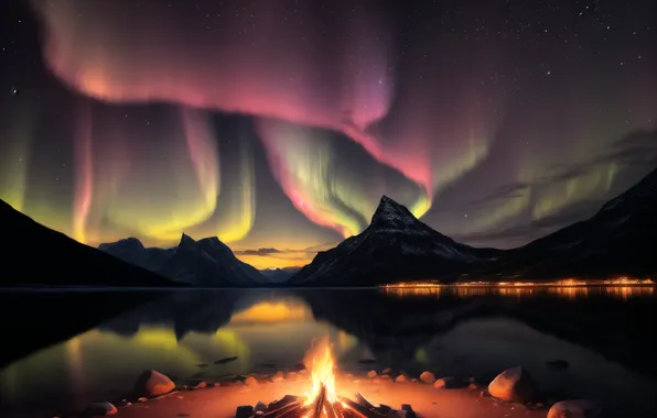 Picture sunset, Norway, campfire, AI art