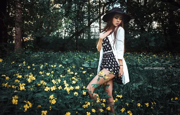 Girl, flowers, pose, hat, dress, jacket, nature, Anton Kharisov