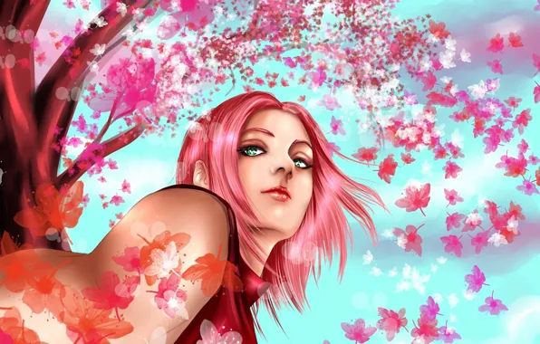 Girl, tree, Sakura, art, naruto, pink hair, haruno sakura, hisokakakashi