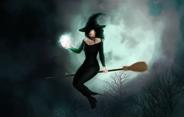 Night, Figure, The moon, Witch, Halloween, Art, Illustration, Characters