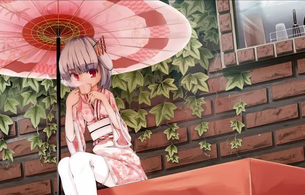 Picture house, tea, umbrella, art, girl, kimono, ears, ilis