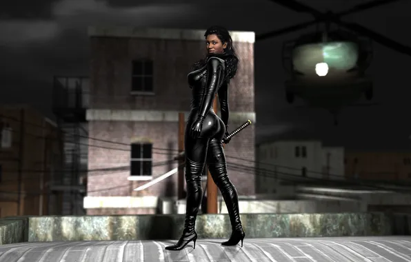 Picture ass, chest, the city, rendering, girls, body, sword, katana