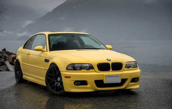 Picture asphalt, yellow, wet, bmw, BMW, front view, yellow, e46