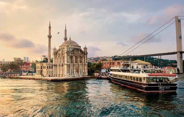 Bridge, mosque, Istanbul, Turkey, Istanbul, ship, Turkey, Bosporus