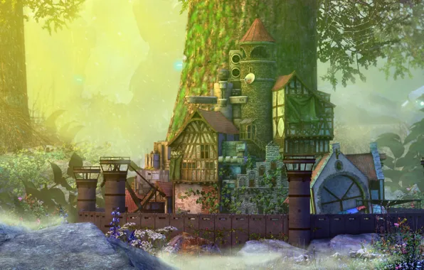 Forest, trees, flowers, structure, Civilization