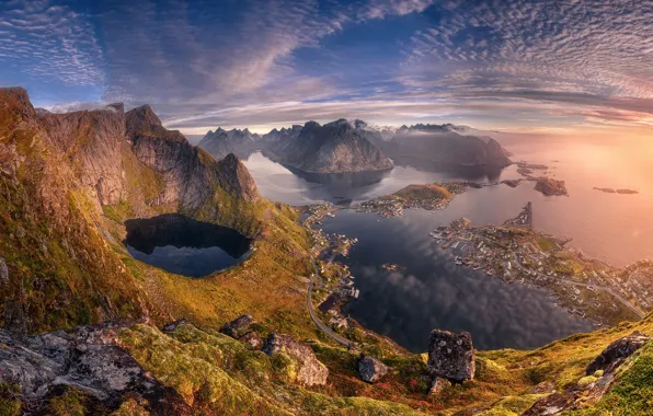 Light, mountains, Norway, town, the fjord, The Lofoten Islands