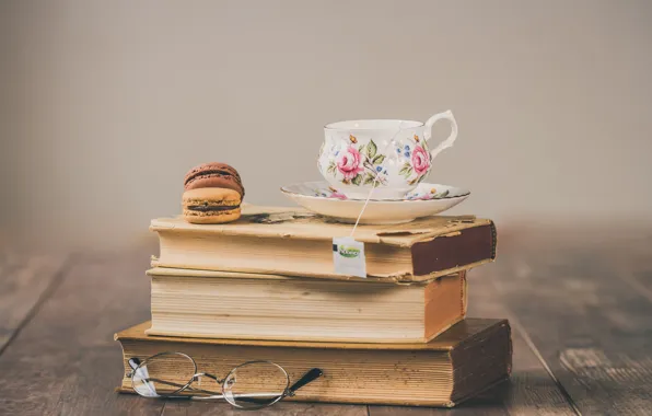 Retro, tea, books, macaron
