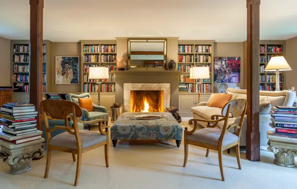 Design, style, interior, UK, fireplace, library, living room, Great Britain
