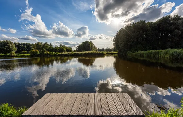 Picture forest, clouds, river, pier, Netherlands, rays of light, Edam