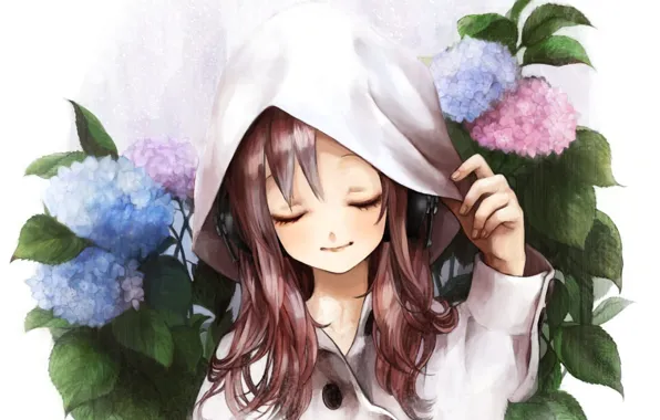 Flowers, figure, headphones, hood, girl, cloak, hydrangea