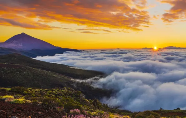 Clouds, mountain, Canary Islands, Tenerife