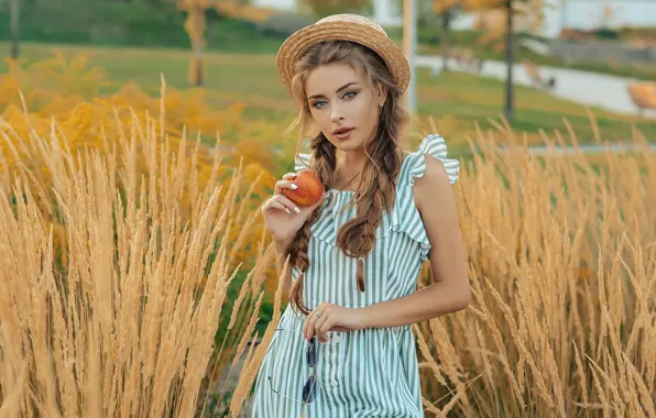 Picture grass, look, girl, Apple, hat, Alina Stanislavsky, Alina Bozhko, Calamagrostis