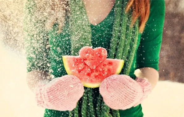 Winter, girl, snow, love, heart, watermelon, red, love