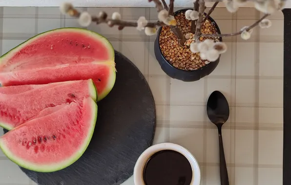 Background, coffee, spring, morning, watermelon, Verba, background, morning
