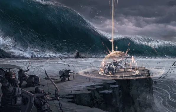 Sea, girls, rocks, magic, storm, barrier, Arknights