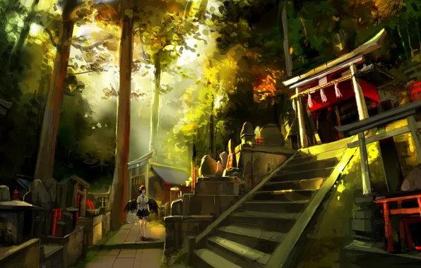 Picture girl, trees, sunset, wings, art, stage, temple, touhou