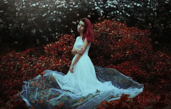 Picture forest, leaves, girl, flowers, hair, white dress, melancholy