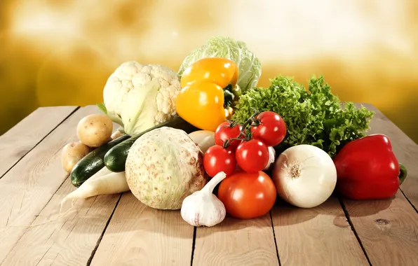 Pepper, vegetables, tomatoes, cabbage, cucumbers, garlic, radish
