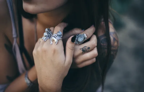 Ring, hands, brunette, tattoo, fingers, tattoo