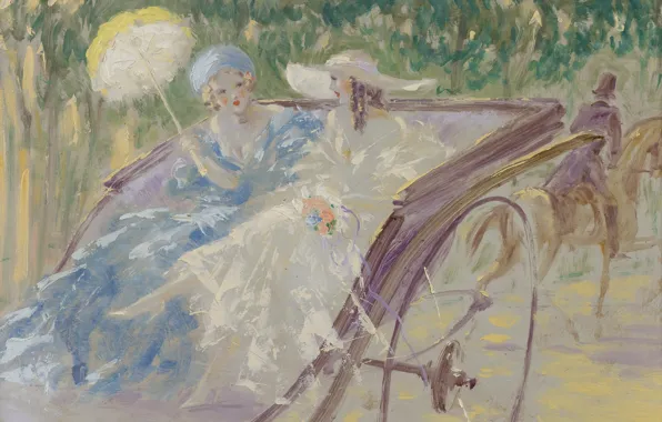 Umbrella, Louis Icart, Two elegant ladies in a carriage