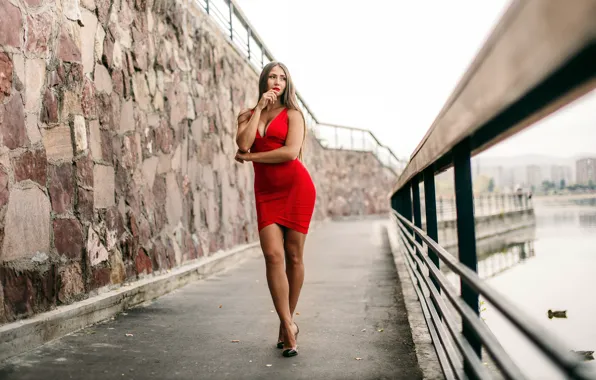 Picture red, girl, dress, bridge, lips