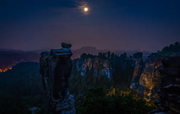 Forest, landscape, mountains, night, nature, darkness, rocks, the moon