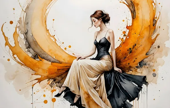 Picture neural network, pose, girl, AI art, light background, imitation painting