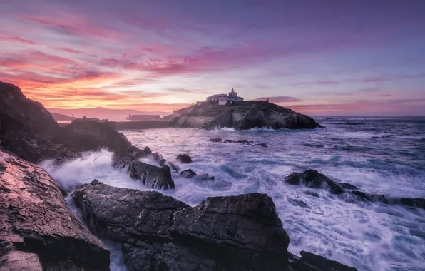 Sea, sunset, the ocean, rocks, lighthouse, Spain