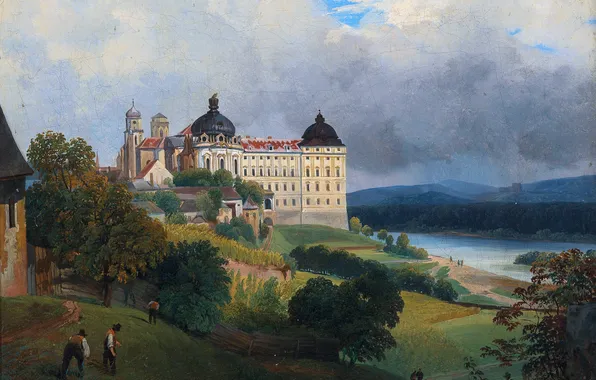 Home, Trees, River, People, Picture, Austrian artist, Joseph Gerstmeyer, View of Klosterneuburg