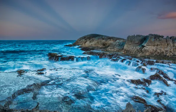 Picture sea, the sky, clouds, rays, sunset, squirt, storm, stones