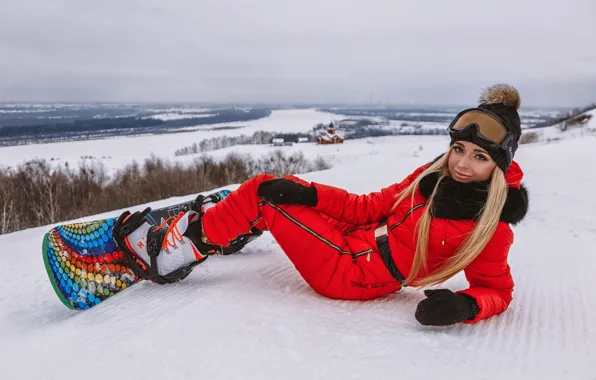 Picture winter, girl, snow, pose, snowboard, glasses, jumpsuit, Anastasia Zakharova