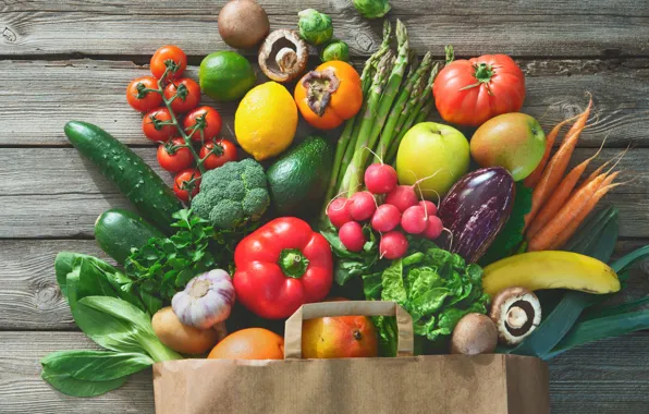 Greens, apples, mushrooms, Board, harvest, package, eggplant, bananas