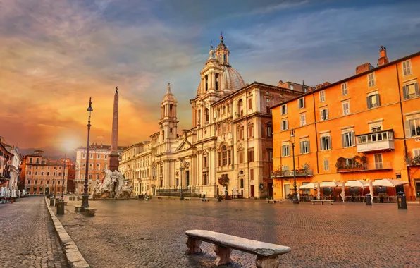Area, Rome, Italy, bench, obelisk, Piazza Navona, Fountain Of The Four Rivers