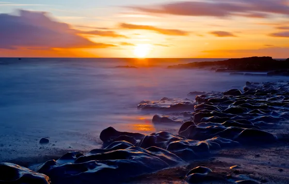 Picture sea, beach, the sky, the sun, clouds, sunset, orange, stones