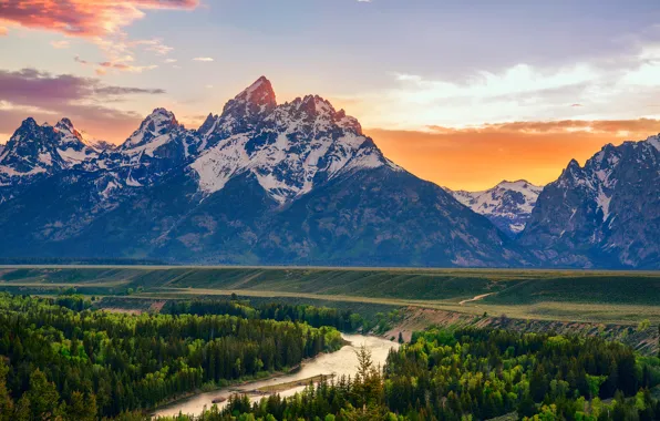 Summer, mountains, river, USA, Wyoming, Snake River, national Park Grand Teton, Overlook