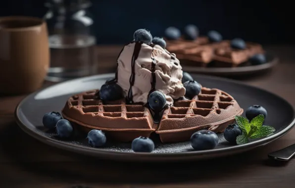 Blueberries, ice cream, waffles, digital art, AI art, neural network, the art of artificial intelligence