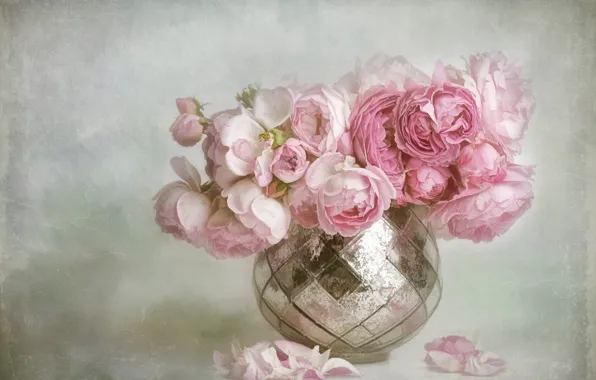 Picture flowers, background, bouquet, petals, art, vase, pink, painting