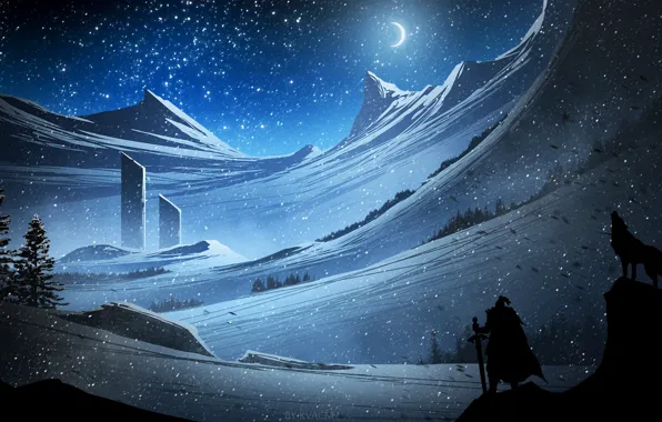 Mountains, night, warrior, beast, Two Towers