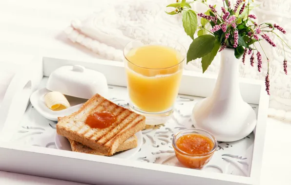 Oil, morning, juice, bread, jam, vase with flowers, tray, Breakfast in bed