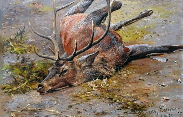 Trees, Picture, Deer, Horns, German artist, Wilhelm Lorenz, Wilhelm Lorenz, Image of a fallen deer