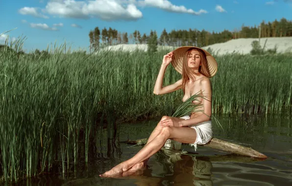 Chest, water, the sun, pose, model, hat, makeup, figure