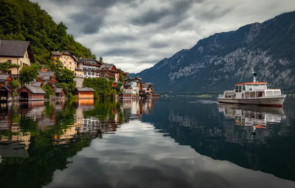 Picture mountains, lake, building, home, Austria, Alps, ship, Austria